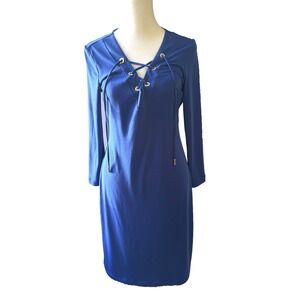 Calvin Klein Blue Lace Up Long Sleeve Dress Gold Accents Class Office/Size Small